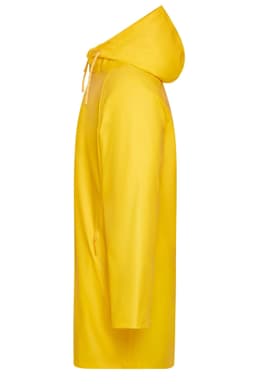 A yellow unisex raincoat with a hood, featuring a long design and a side view. The jacket has a logo.