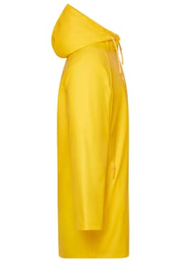 A yellow unisex raincoat featuring a hood and a sleek design, with a branding logo on the side.