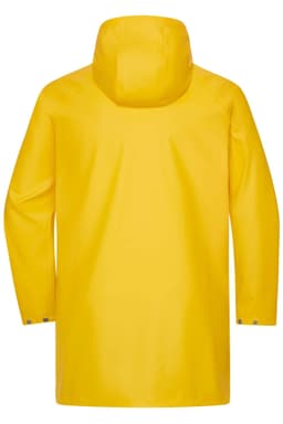 A yellow unisex raincoat featuring a hood and a simple design, with a logo on the back.