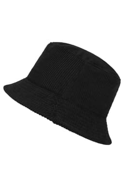 A black corduroy fisherman hat with a wide brim and a textured finish, featuring a logo.