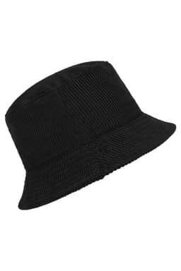 A black corduroy bucket hat featuring a textured design and a logo. Ideal for stylish headwear.