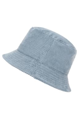 A corduroy bucket hat in soft blue, featuring a textured fabric and a simple design. Includes a branding logo.