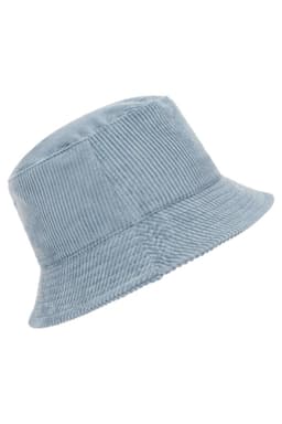 A corduroy bucket hat in a light blue shade, featuring a textured ribbed design and a logo.