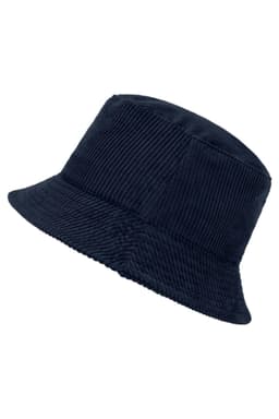 A navy corduroy bucket hat with a textured finish and a wide brim. Features a logo detail.