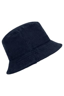 A navy corduroy fisherman hat with a bucket style and textured fabric, featuring a logo.