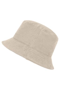 A corduroy bucket hat in beige, featuring a wide brim and a textured finish, with a logo on the side.