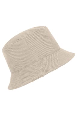 A corduroy fisherman hat in beige, featuring a bucket style and ribbed texture, with a logo present.