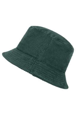 A green corduroy fisherman hat, featuring a wide brim and a textured fabric. It has a branding logo.