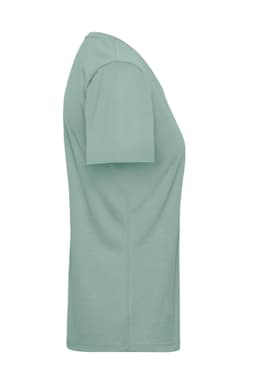 A green ladies' workwear T-shirt with short sleeves, featuring a simple design and a branding logo.