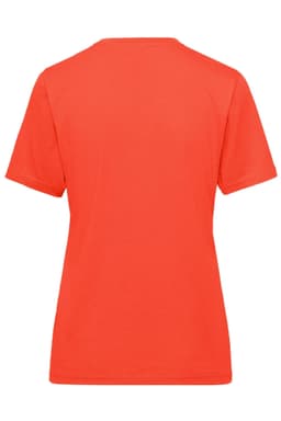 A red ladies' t-shirt featuring a plain back design and short sleeves, suitable for workwear. It has a logo.