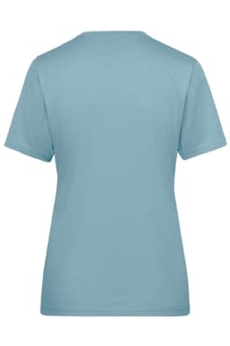 A light blue ladies' T-shirt with short sleeves and a plain back. It features a logo.