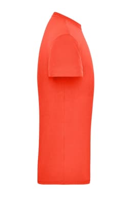 A side view of a bright orange men's workwear T-shirt featuring short sleeves. It has a logo on the chest.