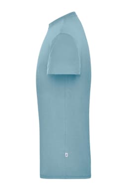 A men's workwear T-shirt in a light blue colour, featuring a side view with a logo near the hem.