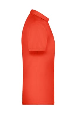 A red men's polo shirt displayed from the side, featuring a collar and short sleeves, with a logo on it.