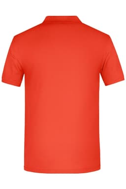 A red men's work polo shirt featuring a back view and a branding logo.