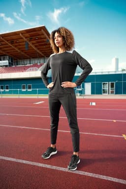 A long-sleeve ladies running shirt in black, featuring a fitted design, worn with matching black athletic pants.