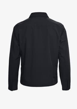 A black unisex jacket with a collar and long sleeves, featuring a plain back design and a logo.