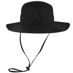 A black polyester pongee boonie hat with a wide brim and an adjustable chin strap. It features a logo.