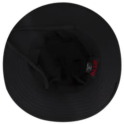 A black polyester pongee boonie hat with a wide brim and an inner label featuring a logo.