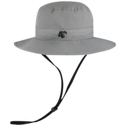A grey Polyester Pongee Boonie Hat with a wide brim and adjustable chin strap, featuring a logo.
