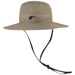A beige polyester pongee boonie hat with a wide brim and a chin strap, featuring a logo on the band.