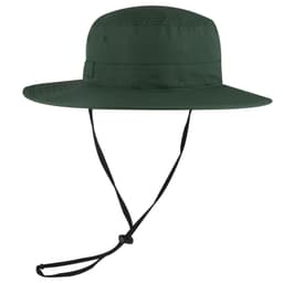 A green polyester pongee boonie hat with a wide brim and a securing chin strap. It features a logo on the side.