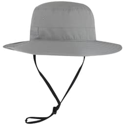 A grey Polyester Pongee Boonie Hat with a wide brim and adjustable chin strap. It features a branding logo.