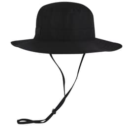 A black polyester pongee boonie hat with a wide brim and adjustable chin strap. It features a logo.