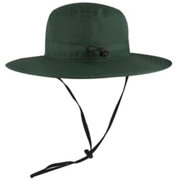 A green polyester pongee boonie hat with a wide brim and an adjustable cord. It includes a black chin strap.