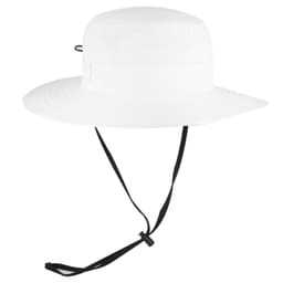 A white polyester pongee boonie hat with a wide brim and a chin strap. It features a branding logo.