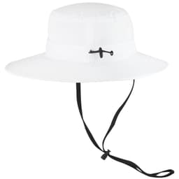 A white polyester pongee boonie hat with a wide brim and a black adjustable chin strap.