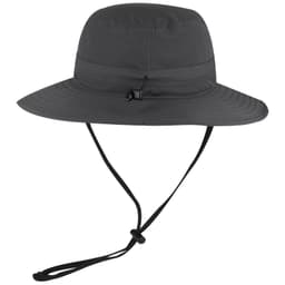 A black polyester pongee boonie hat with a wide brim and adjustable chin strap. Features a logo.