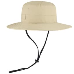 A beige polyester pongee boonie hat with a wide brim and a black adjustable chin strap.