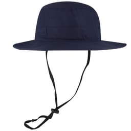 A navy polyester pongee boonie hat with a wide brim and adjustable chin strap, featuring a logo.