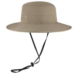 A beige polyester pongee boonie hat with a wide brim and adjustable chin strap. Features a logo.