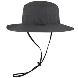 A dark grey polyester pongee boonie hat featuring a wide brim and adjustable chin strap, with a logo on the side.