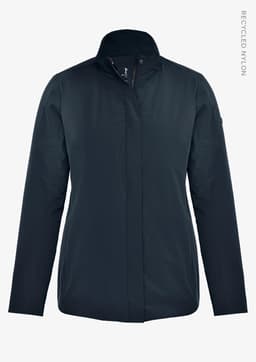 A navy jacket made from recycled nylon, featuring a high collar and a sleek design. It includes branding details.