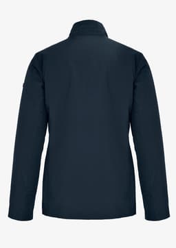 A women's jacket in navy blue, featuring a simple back design and a collar. Contains branding details.