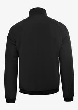 A black men’s jacket with a classic design, featuring a collar and elasticised cuffs. Includes a logo on the back.