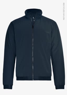 A navy blue men's jacket with a zip front and a high collar, featuring a logo on the side.