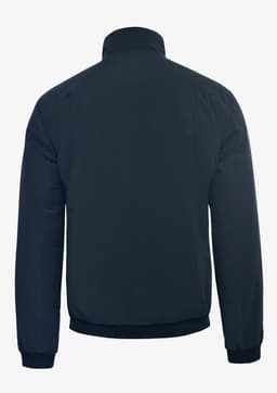 A navy men's jacket with a high collar and ribbed cuffs, featuring a branding logo on the back.