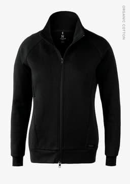 A black jacket with a zip front, featuring a collar and raglan sleeves, and includes a branding logo.