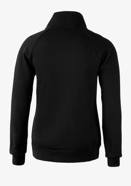 A black jacket with a high collar and raglan sleeves, featuring a subtle logo on the back.