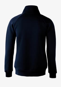 A navy jacket with a high collar and long sleeves, featuring a logo on the back.