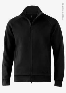 A black zip-up jacket with a collar and a logo on the side, made from organic cotton.