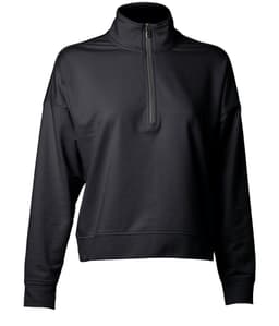 A women's quarter zip top in black with a relaxed fit and a high collar. The garment features a logo.