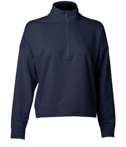 A navy quarter zip pullover for women, featuring a high collar and relaxed fit. Includes a logo on the garment.