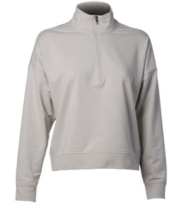 A women's quarter zip pullover in light grey, featuring long sleeves and a mock neck design. It has a branding logo.