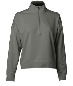 A women's quarter zip pullover in a muted grey colour with a high collar and long sleeves. Features a logo on the design.