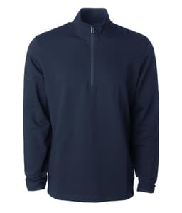 A navy quarter-zip pullover with a high collar and long sleeves. The garment features a small zip at the neck and has a logo.